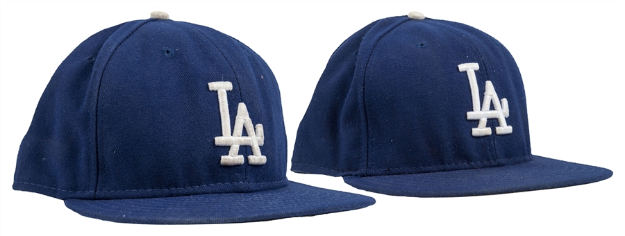 Lot of (2) Los Angeles Dodgers Game Used Hats (Yasiel Puig, Matt Kemp)